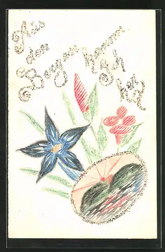 Glitzer-Papierkunst-AK Aus den Bergen komm Ich her, Uferlandschaft mit Sonne, Blumen