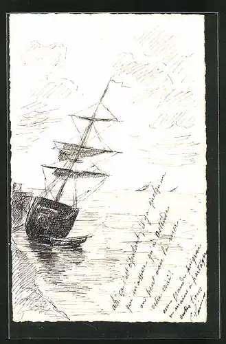 Künstler-AK Handgemalt: Segelboot am Ufer