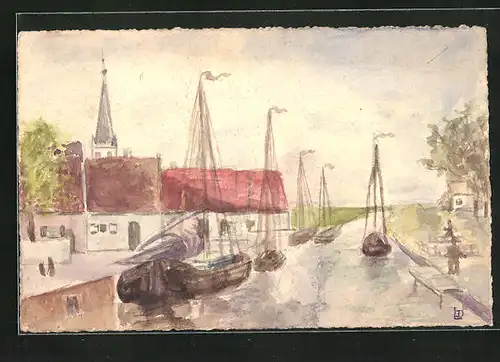 Künstler-AK Handgemalt: Segelschiffe im Hafen mit Kirche