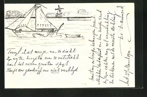 Künstler-AK Handgemalt: Segelboot Pieta mit Mühle im Hintergrund