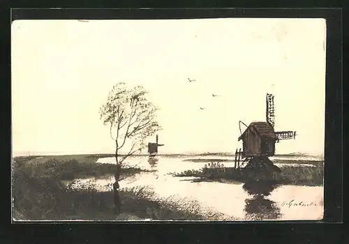 Künstler-AK Handgemalt: Landschaftspanorama mit Windmühlen