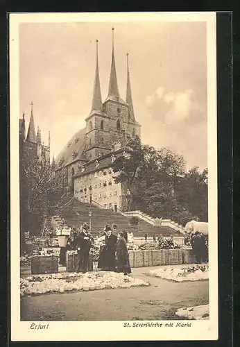AK Erfurt, Sicht auf die St. Severikirche mit Markt
