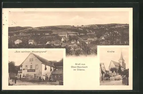 AK Ober-Beerbach / Odenw., Gasthaus Zum schönen Wiesengrund v. M. Egner, Kirche