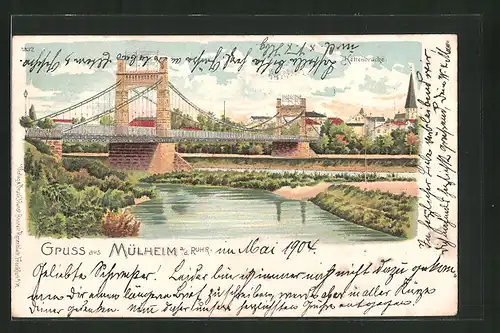 Lithographie Mülheim / Ruhr, Flusspartie mit Kettenbrücke