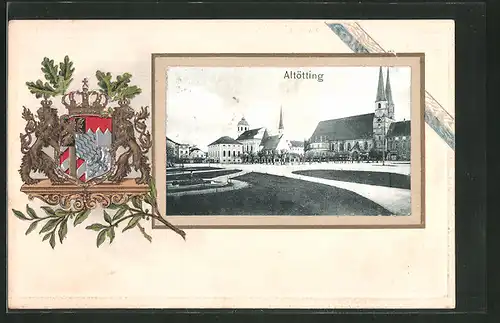 Passepartout-Lithographie Altötting, Ortspartie mit Kirchen, Wappen