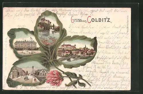 Passepartout-Lithographie Colditz, Diverse Eindrücke der Stadt, Kleeblatt