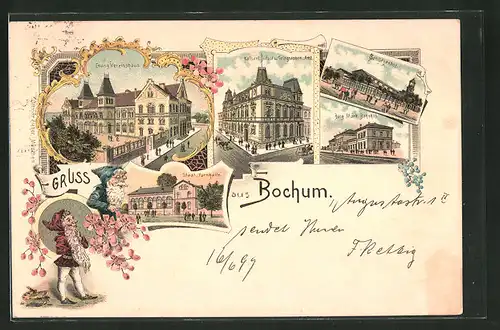 Lithographie Bochum, Restaurant Schützenhof, Berg. Märk. Bahnhof, Evang. Vereinshaus