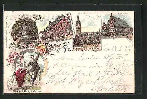 Lithographie Paderborn, Post, Dom, Rathaus