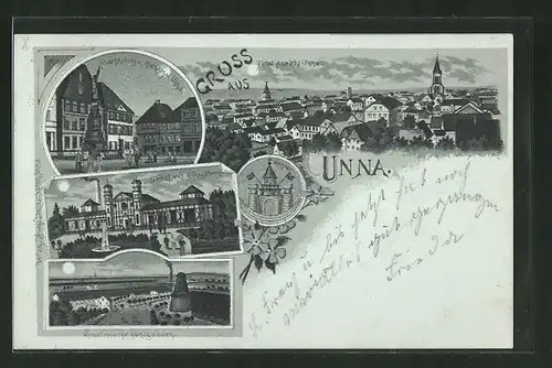 Lithographie Unna, Gradirwerke, Badehaus-Königsborn, Marktplatz mit Denkmal