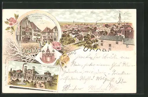 Lithographie Unna, Badehaus-Königsborn, Totalansicht mit Kirchturm