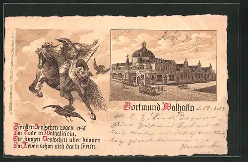 Lithographie Dortmund, Strassenbahnen passieren Gasthaus Walhalla