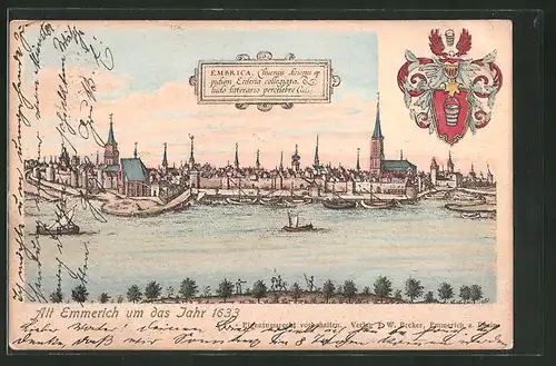Lithographie Emmerich, Totalansicht der Stadt um das Jahr 1633