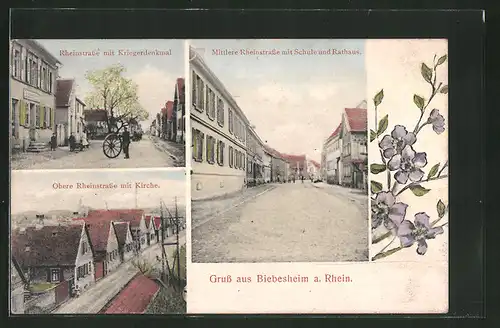 AK Biebesheim /Rhein, Rheinstrasse mit Schule und Rathaus, Kriegerdenkmal