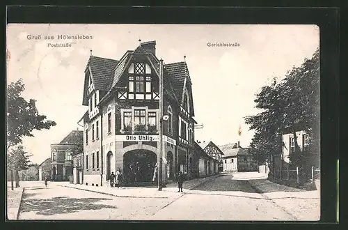 AK Hötensleben, Gasthaus Otto Uhlig an der Gabelung Gerichts- und Poststrasse