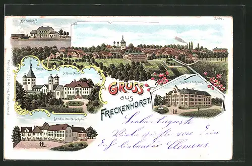 Lithographie Freckenhorst, Landw. Winterschule, Kloster z. h. Kreuz, Bahnhof