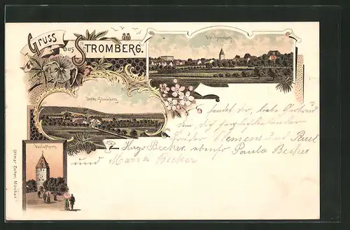 Lithographie Stromberg, Flaneure am Paulusthurm, Unterer und Oberer Ortsteil