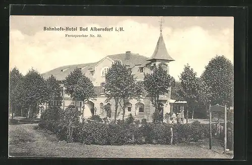 AK Bad Albersdorf i. H., Bahnhofs-Hotel vom Garten betrachtet