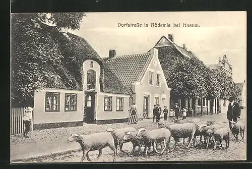 AK Rödemis b. Husum, Schafherde auf der Dorfstrasse