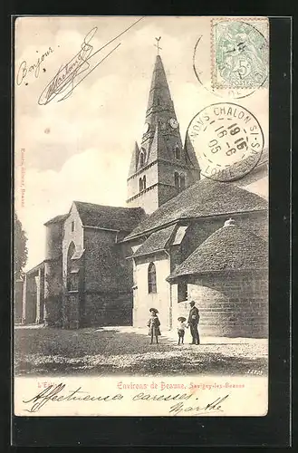 AK Savigny-les-Beaune, Kirche und Mann mit Kindern