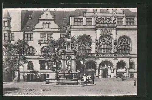 AK Duisburg, Blick auf das Rathaus und Brunnen