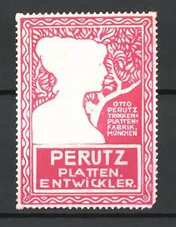 Präge-Reklamemarke Trockenplatten-Entwickler von Otto Perutz, München, Fräulein vor Baum stehend