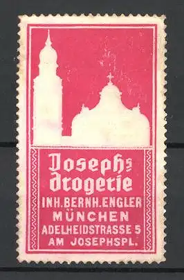 Präge-Reklamemarke Joseph's Drogerie, Inhaber Bernh. Engler, Adleheidstr. 5, München, Kirchtürme