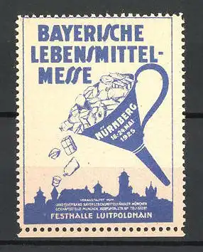 Reklamemarke Nürnberg, Bayerische Lebensmittelmesse 1925, Trichter wirft Päckchen über dem Ort ab