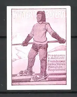 Reklamemarke Winter in Bayern, Skiläufer im verschneiten Gebirge