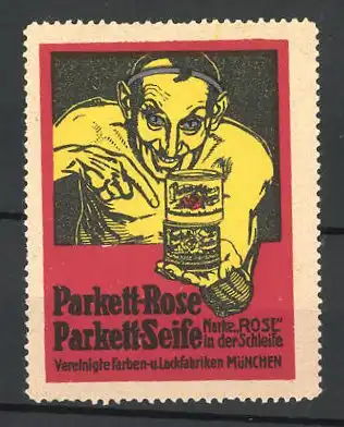 Reklamemarke Parkett-Rose & Parkett-Seife, Vereinigte Farben- und Lackfabriken München, Teufel mit Dosen in der Hand