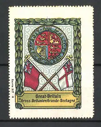Reklamemarke Great-Britain, Gross-Britanien Grande Bretagne, Wappen und Flaggen