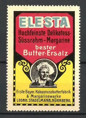 Reklamemarke Elesta hochfeinste Süssrahm-Margarine, Margarinewerke Leonh. Stadelmann, Nürnberg, Bäcker mit Kuchen