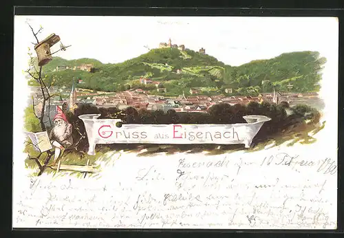 Lithographie Eisenach, Panoramablick auf die Stadt, Zwerg