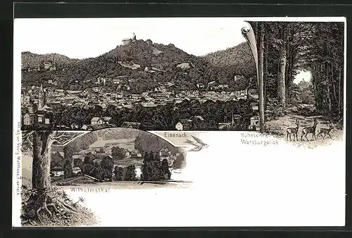 Lithographie Eisenach, Panoramablick auf die Stadt, Wartburgblick Hohesonne