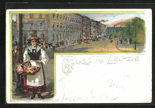 Lithographie Leipzig, Strassenpartie mit Reichsbank und 1. Bürgerschule