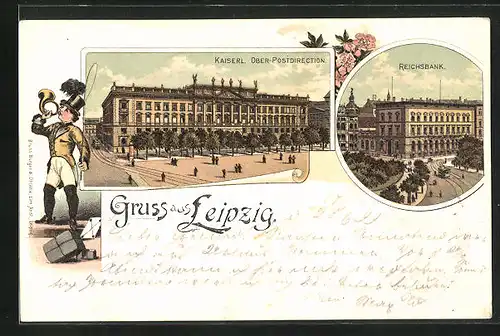 Lithographie Leipzig, Reichsbank, Kaiserl. Ober-Postdirection