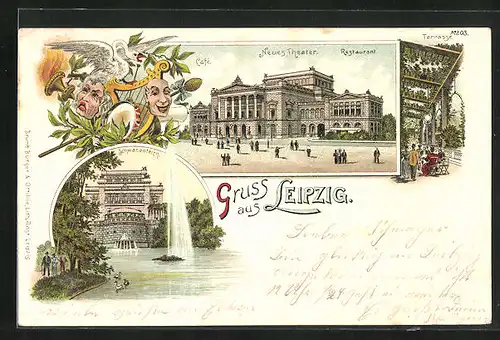 Lithographie Leipzig, Neues Theater mit Restaurant und Cafe, Schwanenteich