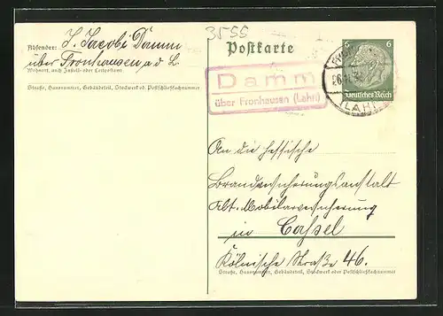 AK Landpoststempel Damm über Fronhausen an der Lahn