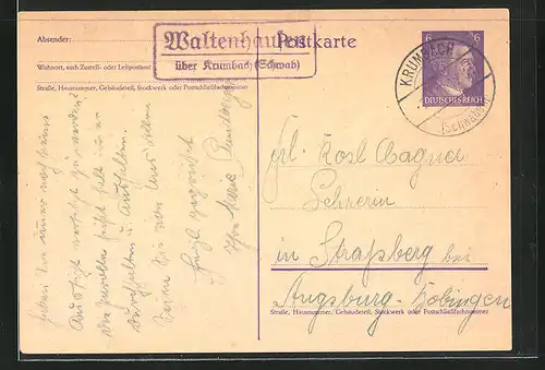 AK Landpoststempel Waltenhausen über Krumbach in Schwaben
