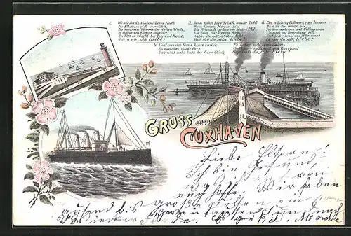 Lithographie Cuxhaven, Alte Liebe, Dampfer in Fahrt, Ortspartie