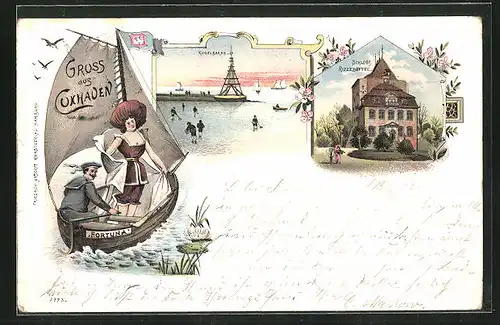 Lithographie Cuxhaven, Kugelbaahe, Schloss Ritzebüttel, Paar im Boot Fortuna