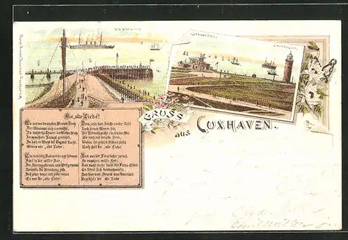 Lithographie Cuxhaven, Gasthaus Seepavillon und Leuchtturm, Gedicht Die alte Liebe!