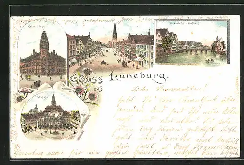 Glitzer-Lithographie Lüneburg, Viskuhlenhof und Kaufhaus, Kaiserliche Post, Rathaus