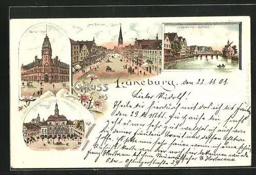 Lithographie Lüneburg, Viskuhlenhof und Kaufhaus, Kaiserliche Post, Rathaus