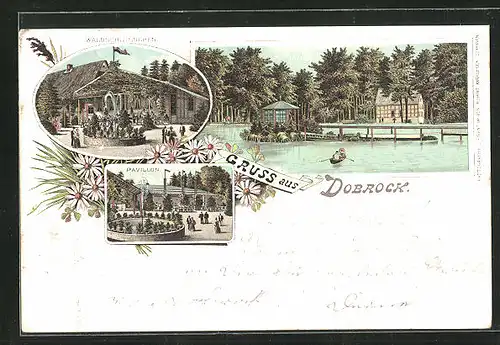 Lithographie Dobrock, Gasthaus Waldschlösschen, Pavillon, Ortspartie