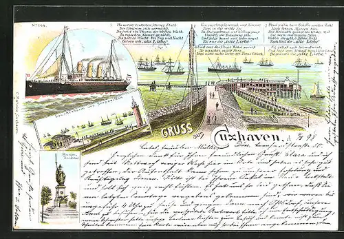 Lithographie Cuxhaven, Gasthaus Seepavillon und Leuchtturm, Kriegerdenkmal, Alte Liebe