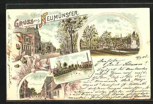 Lithographie Neumünster, Kleinflecken, Mühlenteich, Kieler Strasse