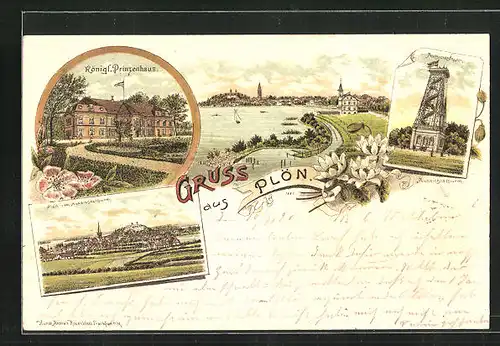 Lithographie Plön, Teilansicht, Aussichtsturm, Königliches Prinzenhaus