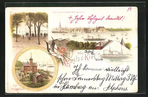 Lithographie Kiel, Gasthaus Seegarten, Bellevue, S. M. Yacht Hohenzollern