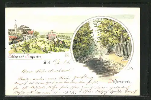 Lithographie Kiel, Gasthaus Seegarten und Schloss, Düsternbrook