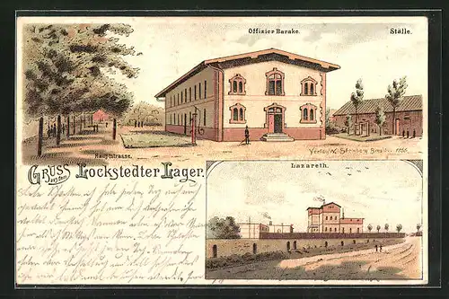 Künstler-AK Lockstedter Lager, Offizier Baracke mit Ställen und Hauptstrasse, Lazarett